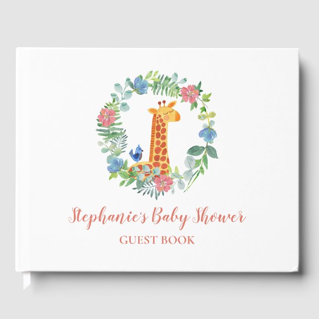 Baby Shower Giraffe & Floral Wreath Personalized Guest Book (Front)