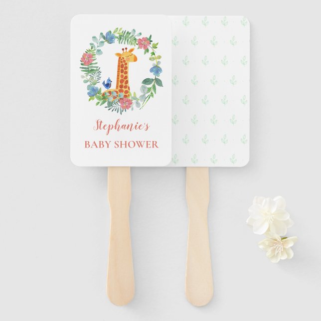 Baby Shower Giraffe Floral Wreath Personalized Hand Fan (Front and Back)