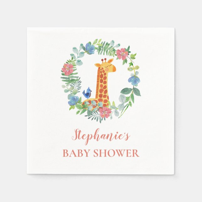 Baby Shower Giraffe Floral Wreath Personalized Napkin (Front)