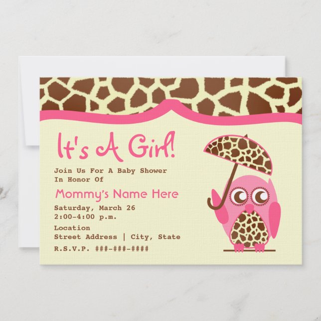 Baby Shower - Giraffe Print & Pink Owl & Umbrella Invitation (Front)