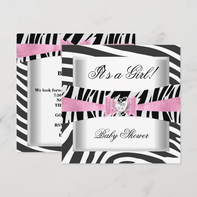 Baby Shower Girl Baby Pink Black White Zebra Invitation (Front/Back)