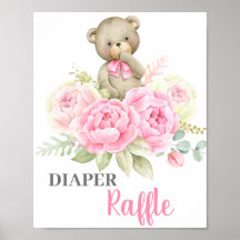 Baby Shower Girl Bear Diaper Raffle sign
