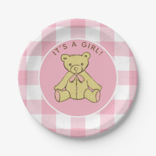 Baby Shower Girl Bear with Pink Buffalo Check Paper Plate