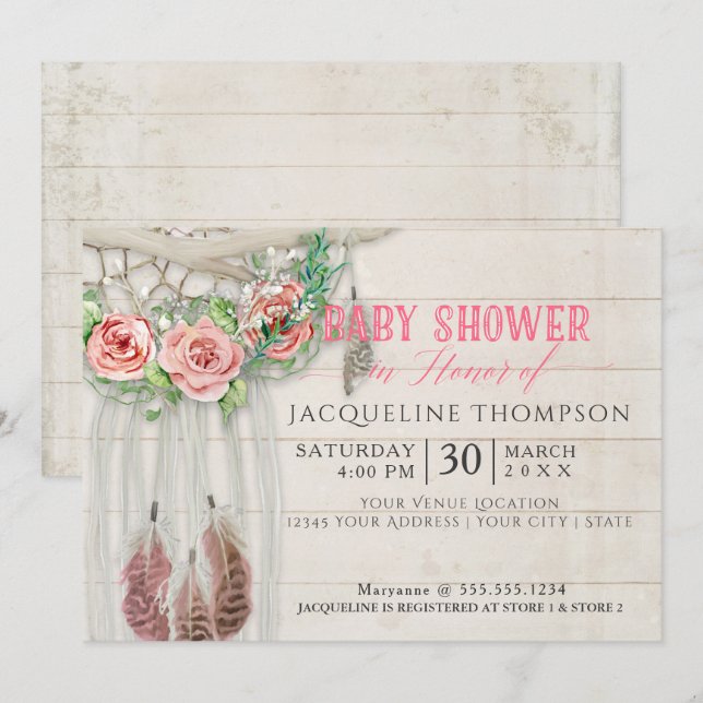 Baby Shower Girl BOHO Dream Catcher Shiplap Wood Invitation (Front/Back)