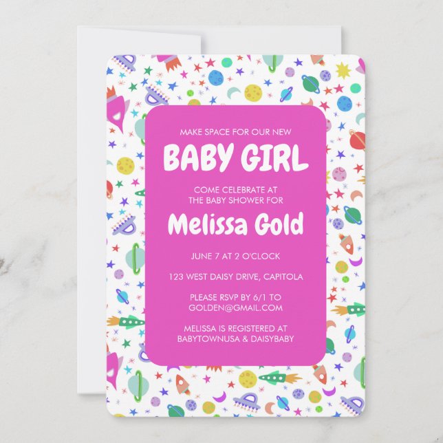 BABY SHOWER GIRL Cute Space Rockets Pattern CUSTOM Invitation (Front)