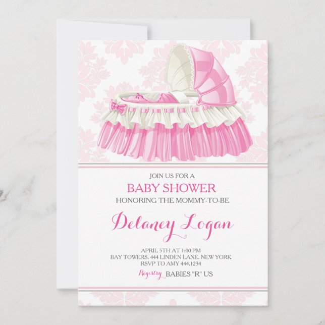 Baby shower Girl Damask Bassinet Invitation (Devant)