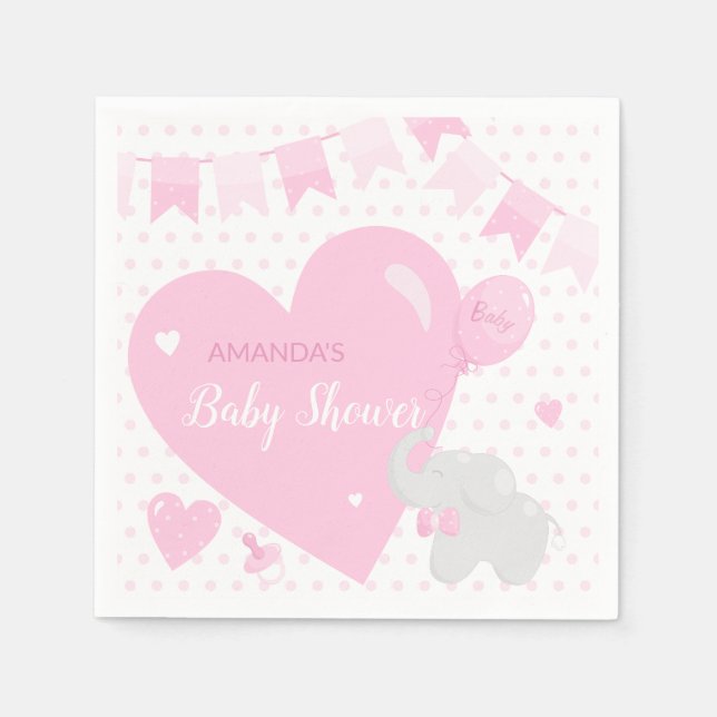 Baby Shower Girl Elephant Balloon Paper Napkin (Front)