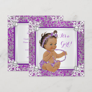 Baby Shower Girl Glitter Purple Silver Lace Brunet Invitation