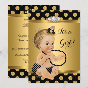 Baby Shower Girl Gold Foil Black Pearls Blonde Invitation