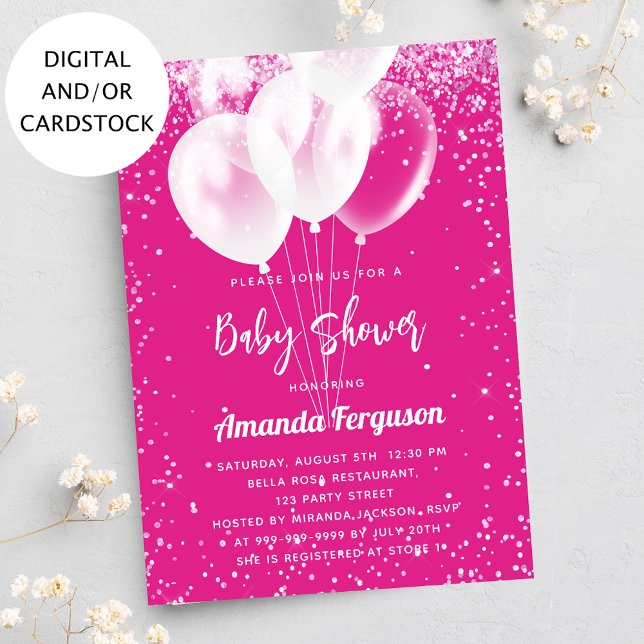Baby Shower girl hot pink white balloons Invitation (Creator Uploaded)