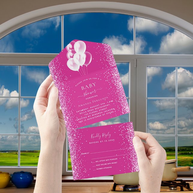 Baby Shower girl hot pink white balloons RSVP All In One Invitation (Creator Uploaded)