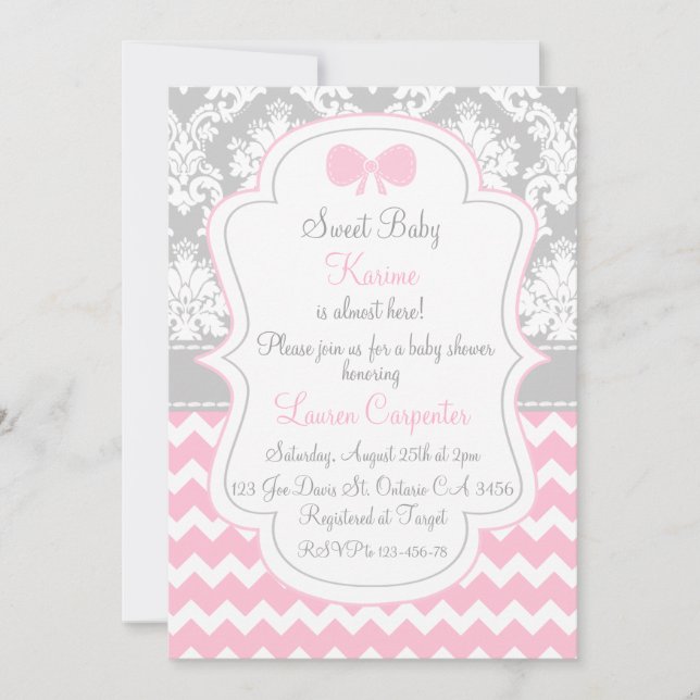 Baby shower girl invitation pink chevron and (Devant)