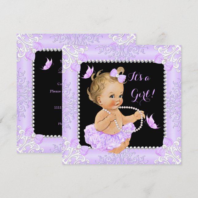 Baby Shower Girl Lavender Butterfly Tutu Blonde Invitation (Front/Back)