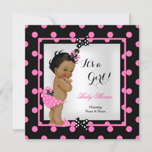 Baby Shower Girl Pink Black Polka Dots Ethnic Invitation