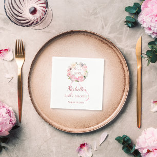 Baby Shower girl pink florals wreath  Napkin