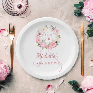 Baby Shower girl pink florals wreath  Paper Plate