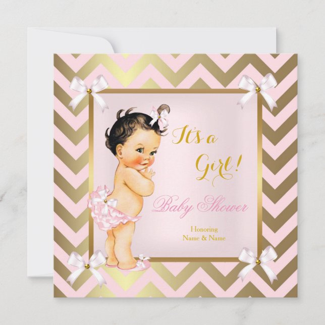 Baby Shower Girl Pink Gold Chevron Brunette Invitation (Front)