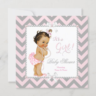 Baby Shower Girl Pink Grey Stripe White Brunette Invitation