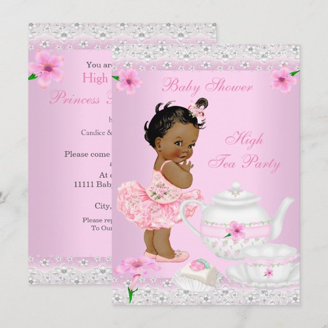 Baby Shower Girl Pink High Tea Party Ethnic Invitation (Front/Back)