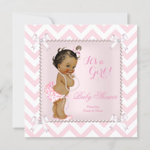 Baby Shower Girl Pink Pearl White Chevron Ethnic Invitation