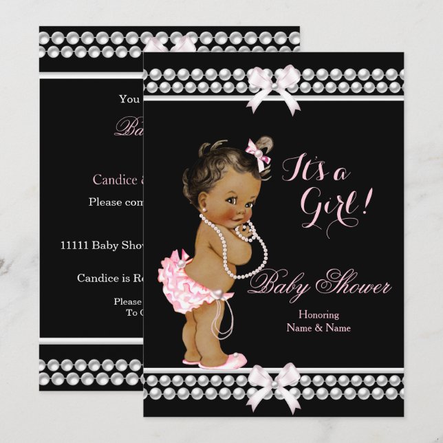 Baby Shower Girl Pink Pearls Black Ethnic Invitation (Front/Back)