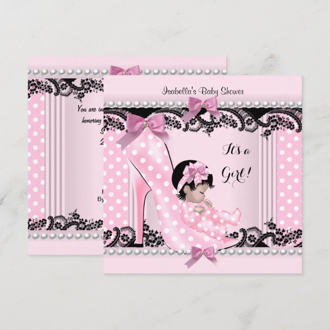 Baby Shower Girl Pink Polka Dots High Heel Shoe 4 Invitation (Front/Back)