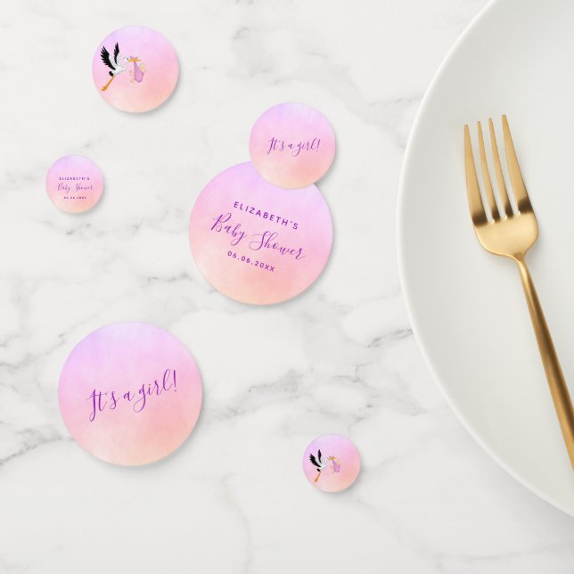 Baby shower Girl pink purple rose gold cute stork Confetti (Group)