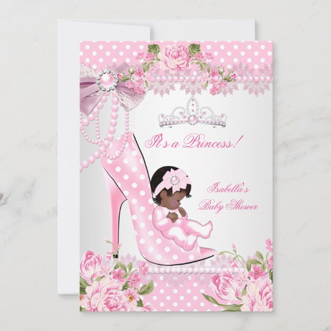 Baby Shower Girl Pink Rose Polka Dots High Heels A Invitation (Front)