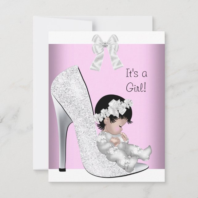 Baby Shower Girl Pink Silver White Glitter Shoe Invitation (Front)
