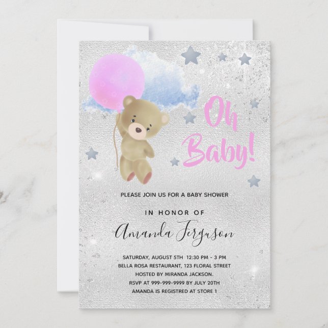 Baby shower girl pink teddy bear silver invitation (Front)