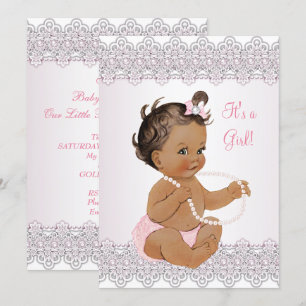 Baby Shower Girl Pink White Lace Pearl Brunette Invitation