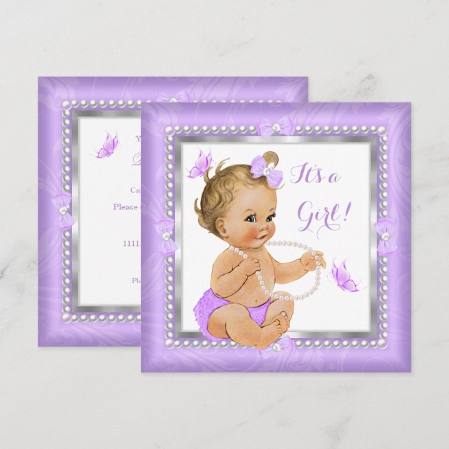 Baby Shower Girl Purple Pearl Butterfly Blonde Invitation (Front/Back)