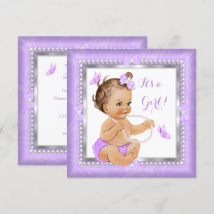 Baby Shower Girl Purple Pearl Butterfly Brunette Invitation