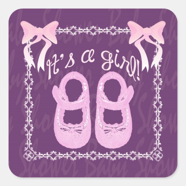 Baby shower girl purple square sticker (Front)