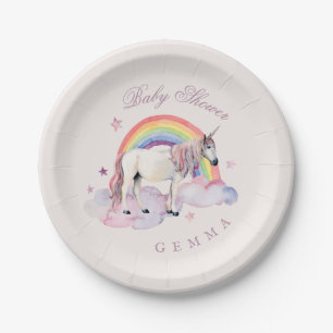 Baby Shower Girl Rainbow Balloons Unicorn Pink Paper Plate