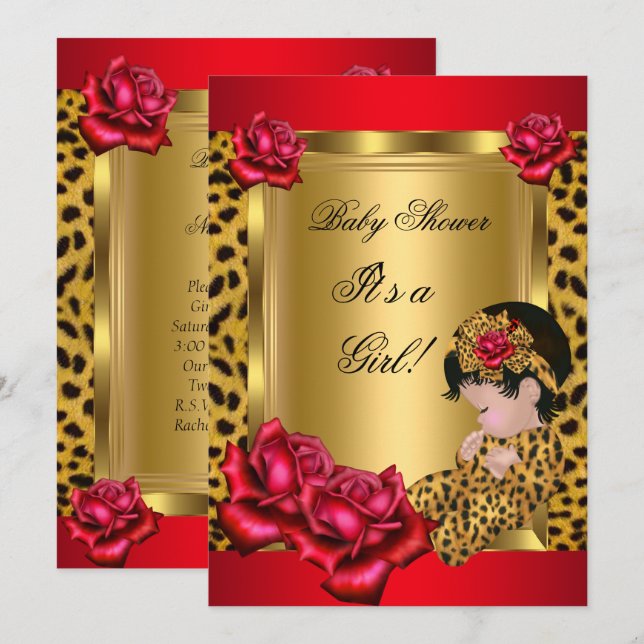 Baby Shower Girl Red Gold Roses Leopard Custom Invitation (Front/Back)