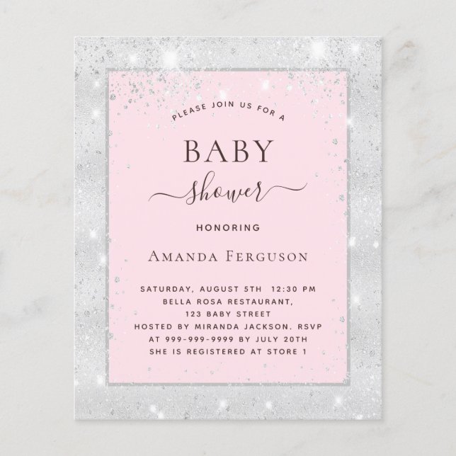 Baby shower girl silver blush pink glitter flyer (Front)