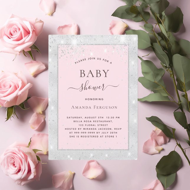 Baby shower girl silver blush pink glitter invitation (Creator Uploaded)