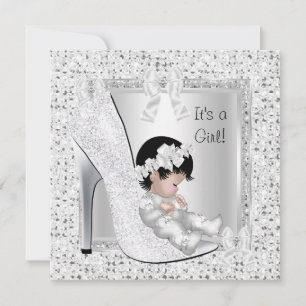 Baby Shower Girl Silver White Glitter Shoe Invitation