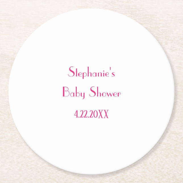 Baby Shower Girls Pink Custom Name 2024 Elegant Round Paper Coaster (Front)