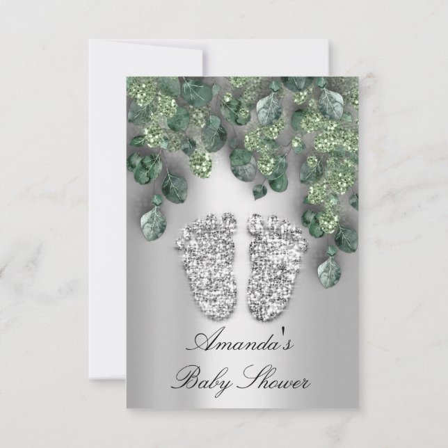 Baby Shower Glitter Feet Grey Eucalyptus Green VIP Invitation (Back)