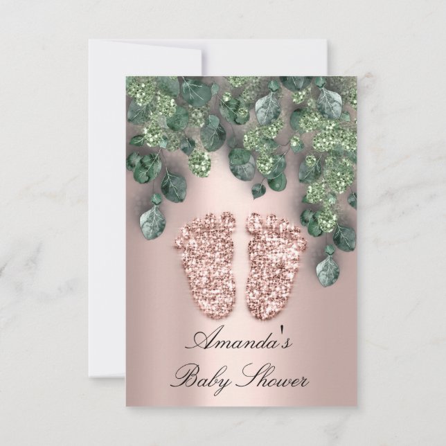 Baby Shower Glitter Feet Rose Eucalyptus Green VIP Invitation (Back)