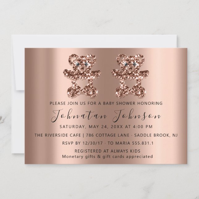 Baby Shower Glitter Rose Twins Bears Boy Girl Invitation (Front)
