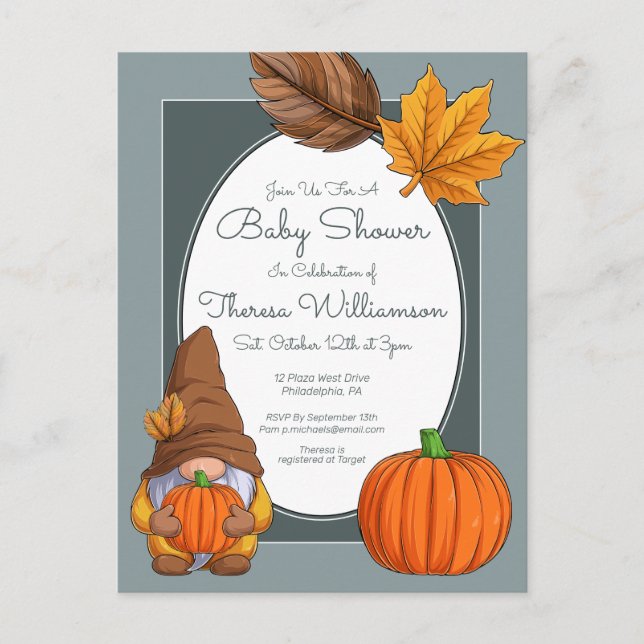 BABY SHOWER | Gnome Autumn Fall Invitation Postcard (Front)