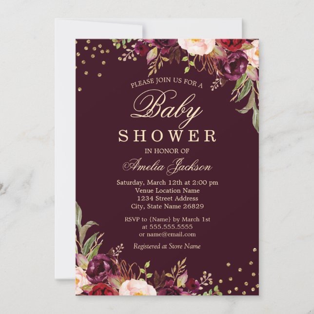 Baby Shower Gold Burgundy floral Sparkle Invitation (Front)