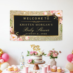 Baby Shower Gold Glitter Sparkles Pink Floral Banner
