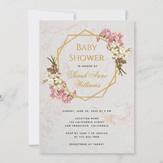 Baby Shower Gold Pink Orchids Floral Geometric Invitation (Front)