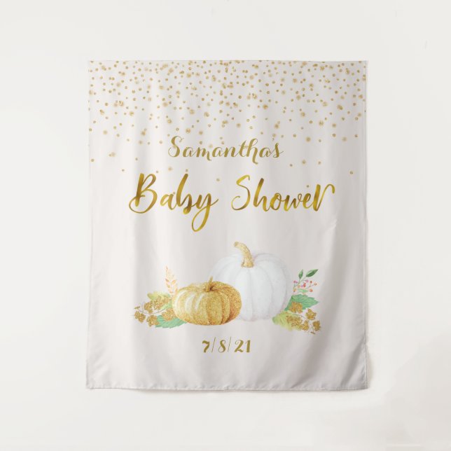 Baby Shower Gold Pumpkin Backdrop Photo Booth Tapestry (Front)