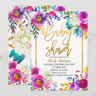 Baby Shower Gold Script Bold Watercolor Floral Invitation