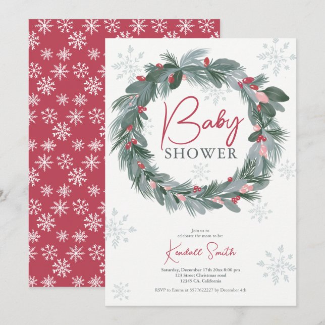 Baby shower green blue red floral Christmas wreath Invitation (Front/Back)
